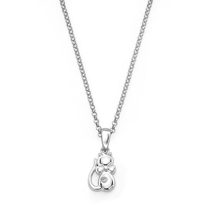 Little Diva Diamonds Sterling Silver Diamond Accent Cat Pendant - Kids, Girl's, Size: 14, White