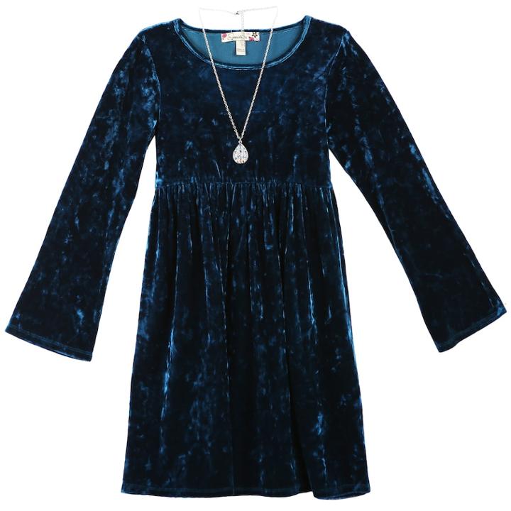 Girls 7-16 & Plus Size Velvet Dress With Necklace, Size: 16, Turquoise/blue (turq/aqua)