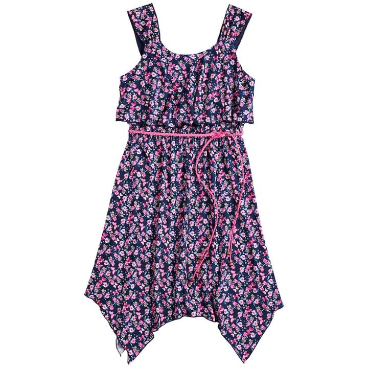 Girls 7-16 Three Pink Hearts Printed Sharkbite Hem Dress, Size: 14, Dark Blue