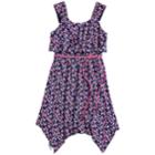 Girls 7-16 Three Pink Hearts Printed Sharkbite Hem Dress, Size: 14, Dark Blue