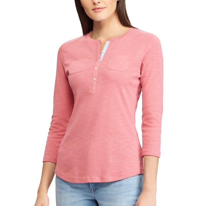 Women's Chaps 3/4-sleeve Henley, Size: Medium, Pink