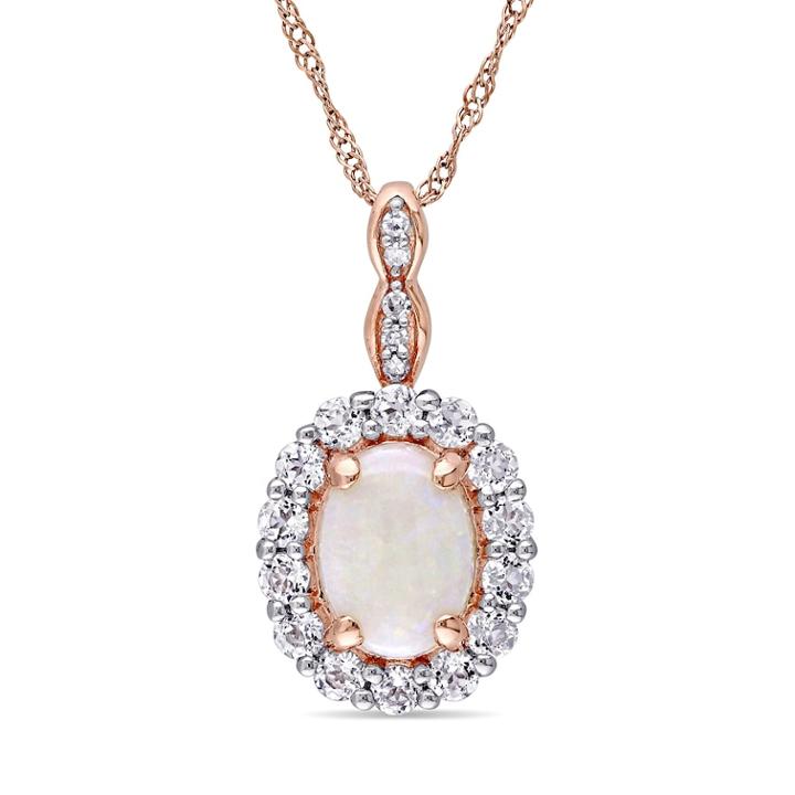 14k Rose Gold White Opal White Topaz Halo Pendant Necklace, Women's, Size: 17