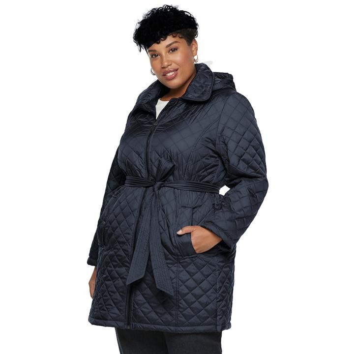 Plus Size Tower By London Fog Hooded Quilted Belted Jacket, Women's, Size: 3xl, Blue (navy)