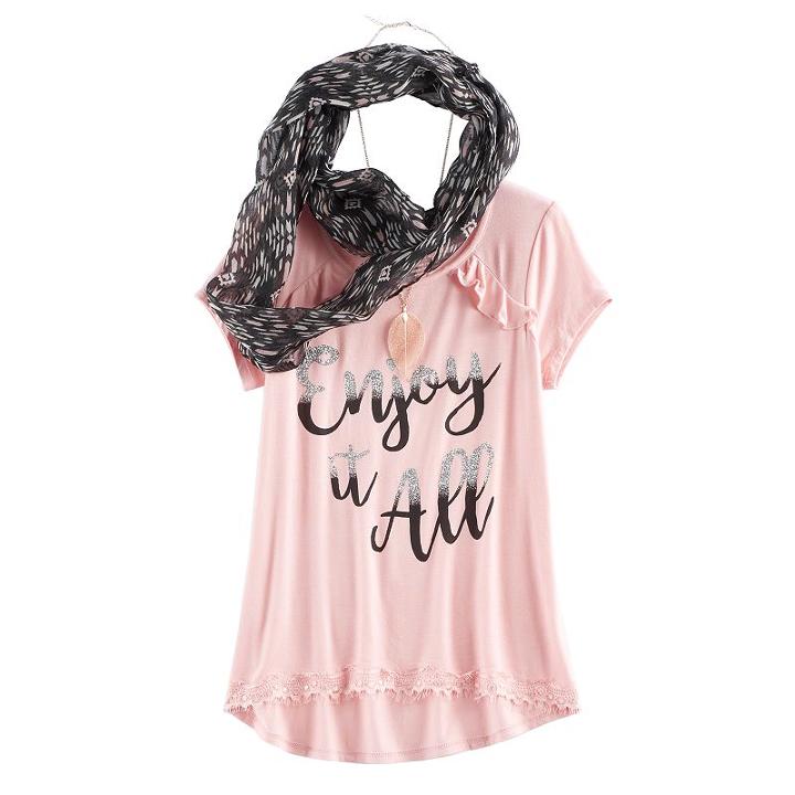 Girls 7-16 & Plus Size Self Esteem Ruffle Tee & Infinity Scarf Set With Necklace, Size: Medium, Lt Orange