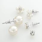 Silver Tone Simulated Pearl And Simulated Crystal Flower Stud Earring Set, Women's, White