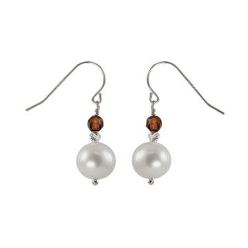Sterling Silver Freshwater Cultured Pearl And Garnet Bead Drop Earrings, Women's, Red