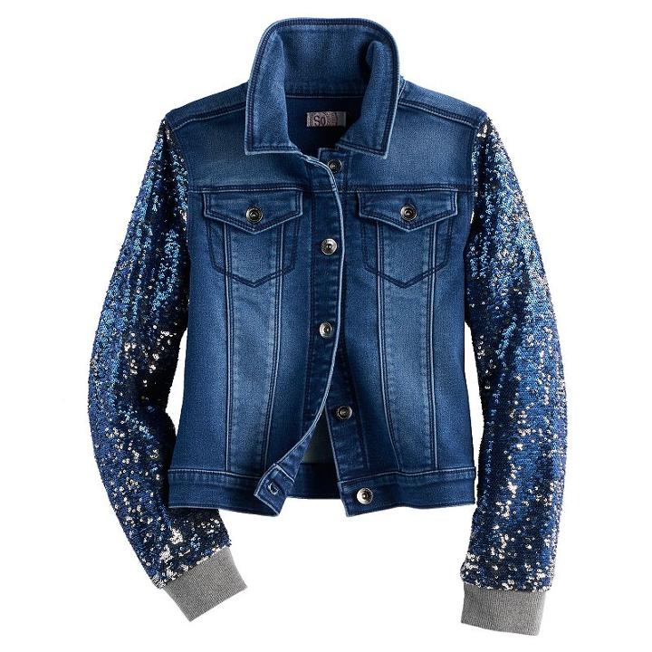 Girls Plus Size So&reg; Sequin Sleeve Denim Jacket, Size: 18 1/2, Med Blue
