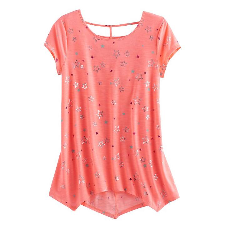 Girls 7-16 & Plus Size So&reg; Patterned Cageback Handkerchief Hem Legging Tee, Size: 14, Brt Orange