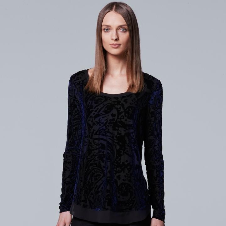 Petite Simply Vera Vera Wang Velvet Burnout Top, Women's, Size: L Petite, Blue (navy)