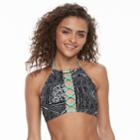 Mix And Match Patchwork Strappy-front Halter Bikini Top, Teens, Size: Small, Fineline Patchwork