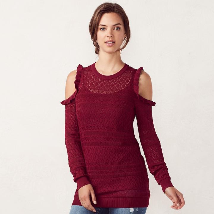 Women's Lc Lauren Conrad Pointelle Cold-shoulder Crewneck Sweater, Size: Small, Red