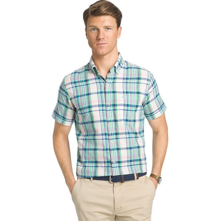 Men's Izod Dockside Classic-fit Plaid Chambray Woven Button-down Shirt, Size: Medium, Brt Green