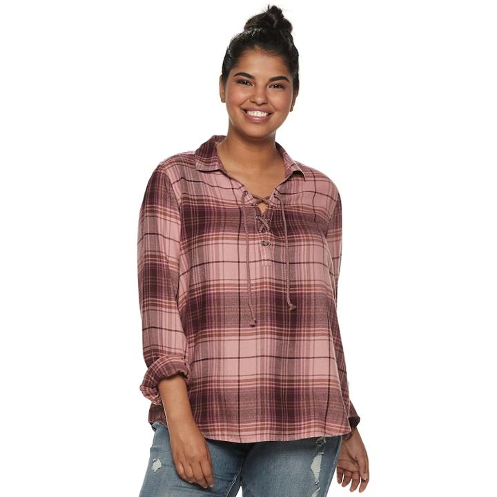 Juniors' Plus Size Mudd&reg; Plaid Lace-up Flannel Shirt, Teens, Size: 1xl, Med Pink