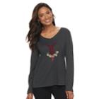 Women's Croft & Barrow&reg; Holiday V-neck Tee, Size: Medium, Dark Grey