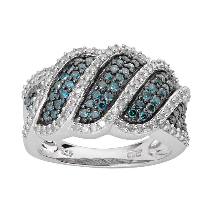 Sterling Silver 1-ct. T.w. Blue And White Diamond Wave Ring, Women's