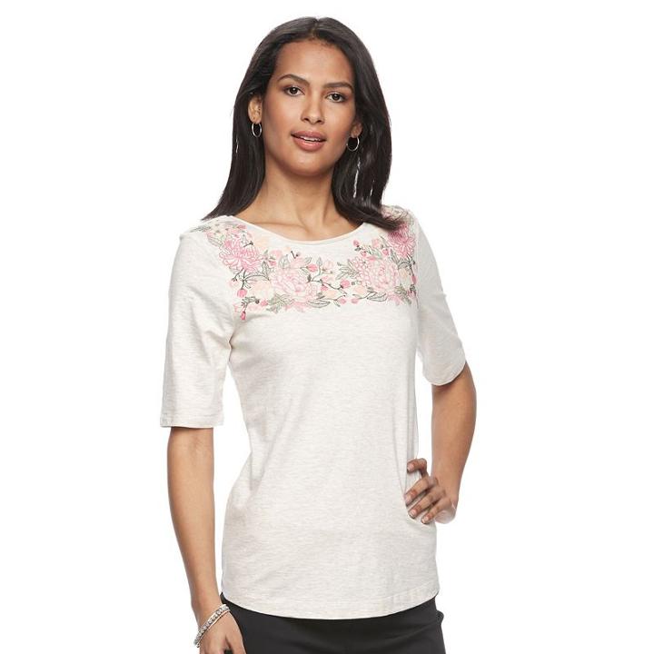 Women's Croft & Barrow&reg; Embroidered Yoke Tee, Size: Medium, Lt Beige