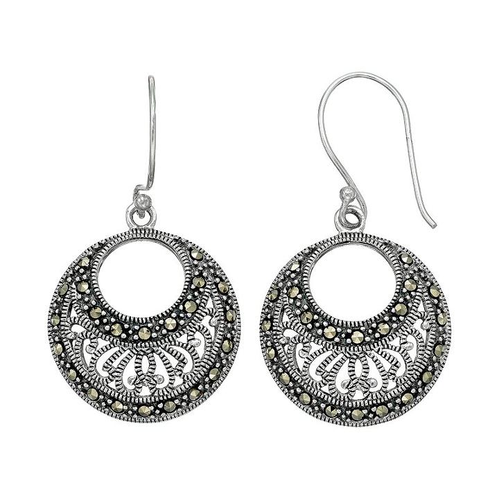 Tori Hill Sterling Silver Marcasite Filigree Hoop Drop Earrings, Women's, Grey
