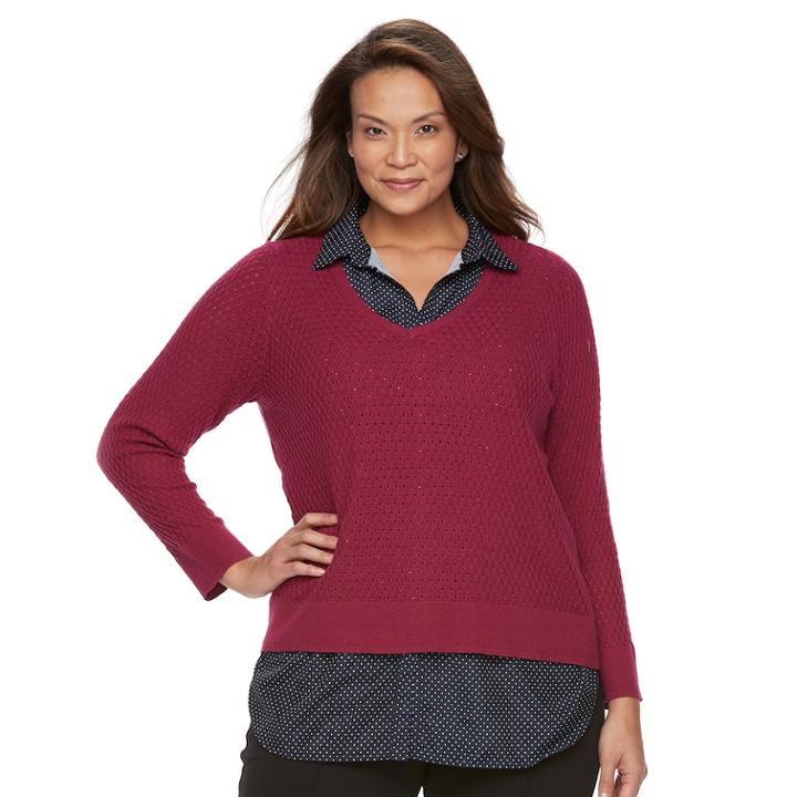 Plus Size Croft & Barrow&reg; Mock-layer V-neck Sweater, Women's, Size: 3xl, Pink