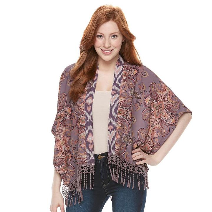 Juniors' Mason & Belle Print Crochet Hem Open Front Poncho, Girl's, Size: Small, Purple Oth