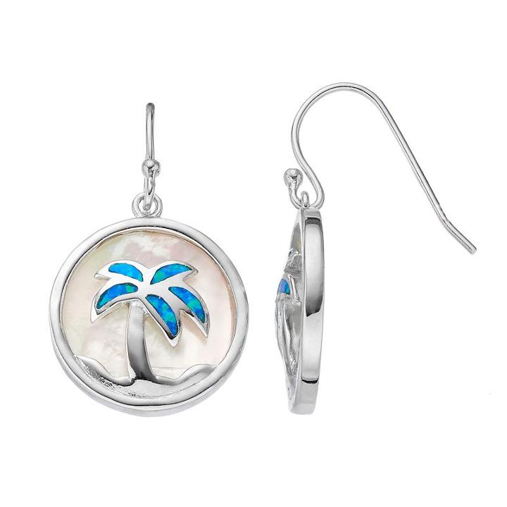 Sterling Silver Mother-of-pearl & Lab-created Blue Opal Palm Tree Disc Drop Earrings, Women's