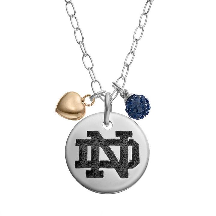 Fiora Crystal Sterling Silver Notre Dame Fighting Irish Team Logo & Heart Pendant Necklace, Women's, Size: 16, Green