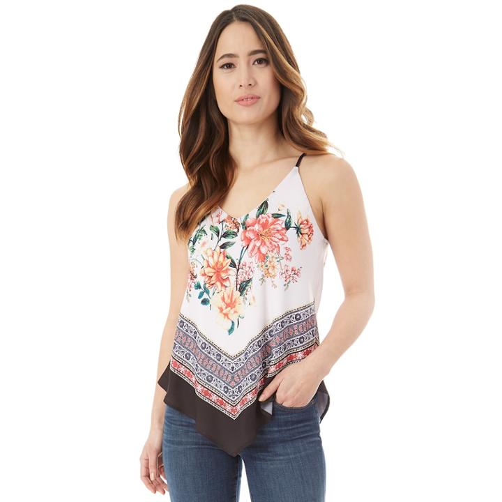 Juniors' Iz Byer Handkerchief Hem Scarf Tank, Teens, Size: Medium, White Ground Floral