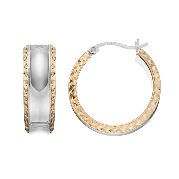 Two Tone Sterling Silver Textured Hoop Earrings, Women's