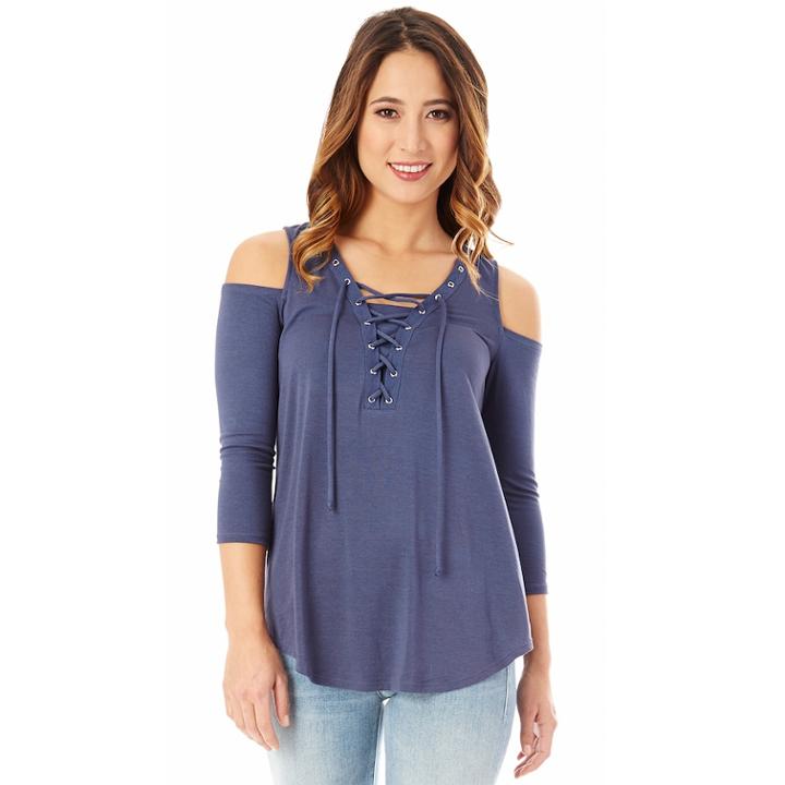 Juniors' Iz Byer Lace-up Cold Shoulder Top, Size: Xl, Blue (navy)
