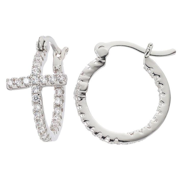 Fleur Silver Tone Cubic Zirconia Cross Hoop Earrings, Women's, White