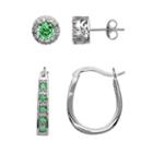 Sterling Silver Simulated Emerald And Diamond Accent Frame Stud And U-hoop Earring Set, Women's, Green