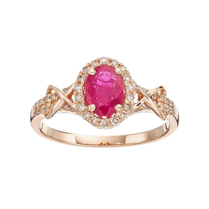 10k Rose Gold Ruby & 1/4 Carat T.w. Diamond Halo Ring, Women's, Size: 7, Red