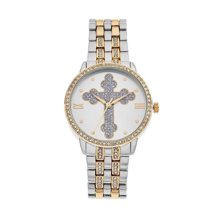 Women's Cross Crystal Two Tone Watch, Multicolor