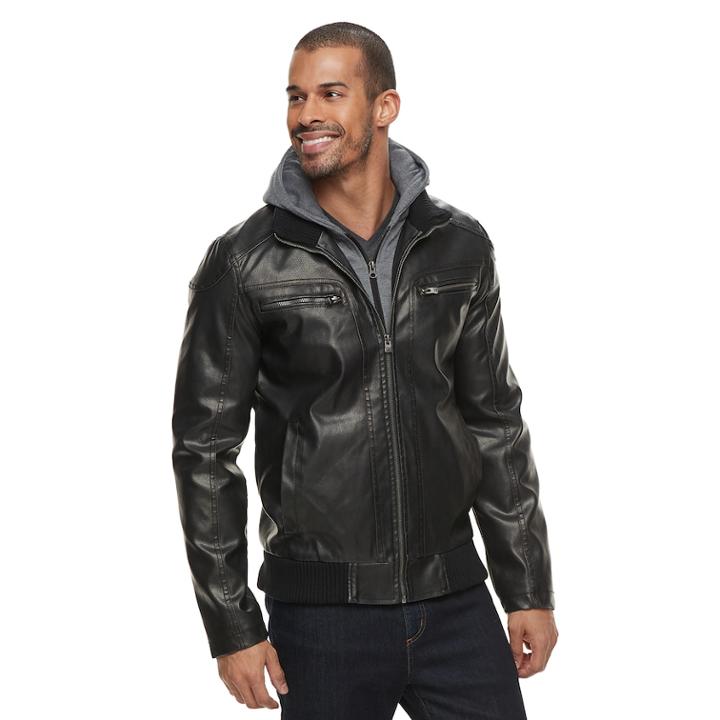 Men's Xray Faux-leather Hooded Moto Jacket, Size: Medium, Grey