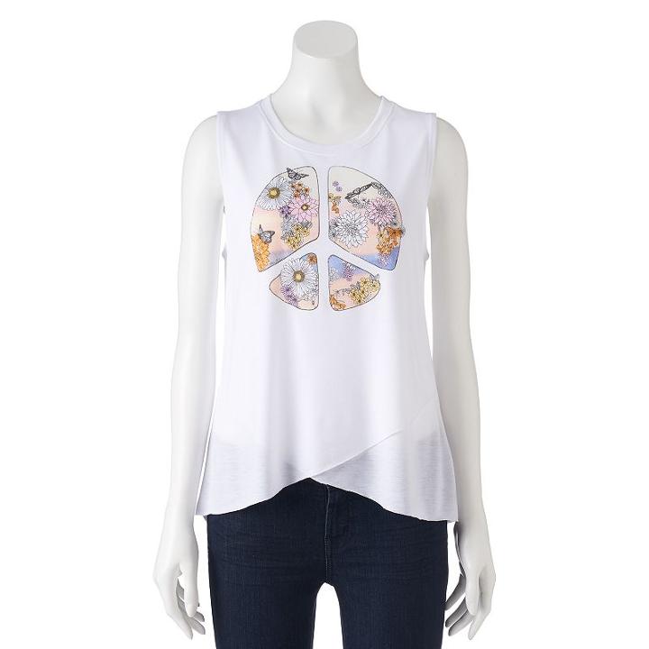 Juniors' Floral Peace Sign Graphic Tank, Girl's, Size: Large, White