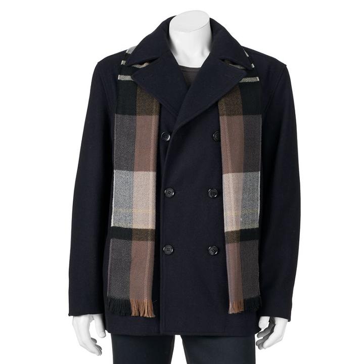 Men's Towne Wool-blend Double-breasted Peacoat With Plaid Scarf, Size: Large, Turquoise/blue (turq/aqua)