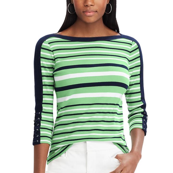 Petite Chaps Lace-up Sleeve Boatneck Top, Women's, Size: M Petite, Green