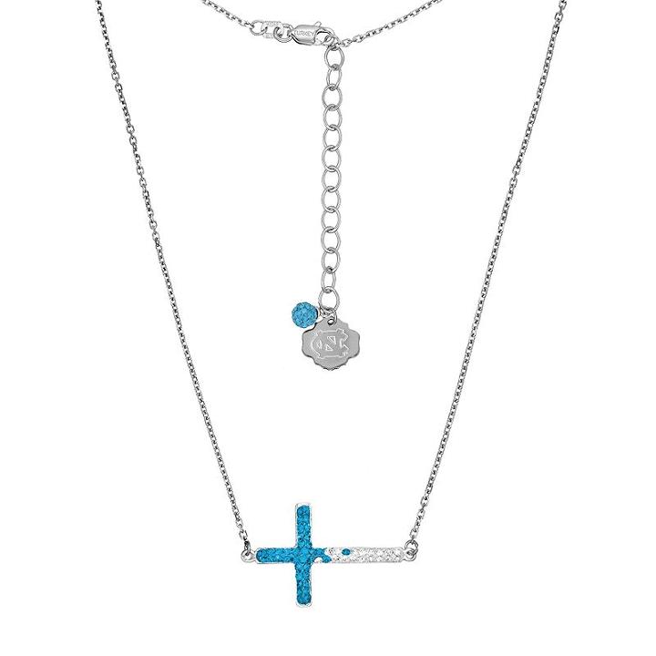 North Carolina Tar Heels Sterling Silver Crystal Sideways Cross Necklace, Women's, Size: 18, Blue