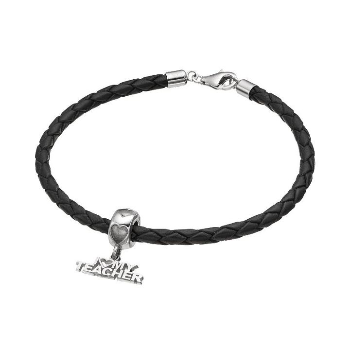 Logoart Sterling Silver & Leather I Love My Teacher Charm Bracelet, Women's, Size: 7.5, Grey