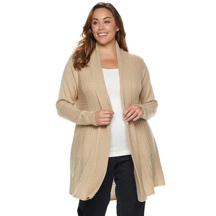Plus Size Dana Buchman Pleated Open-work Cardigan Sweater, Women's, Size: 2xl, Beig/green (beig/khaki)