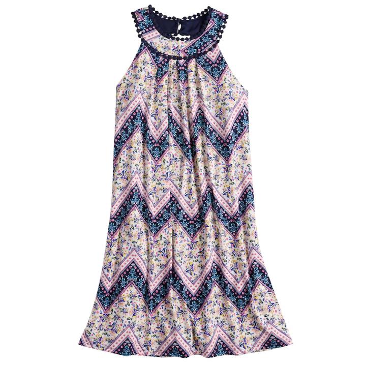 Girls 7-16 Three Pink Hearts Chevron Trapeze Dress, Size: 7, Blue (navy)