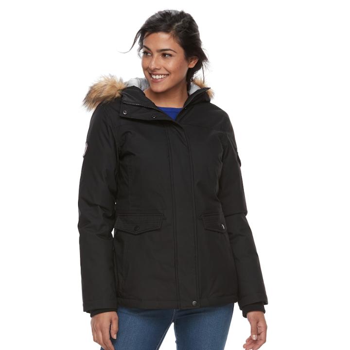 Women's Free Country Down Faux-fur Trim Jacket, Size: Medium, Black