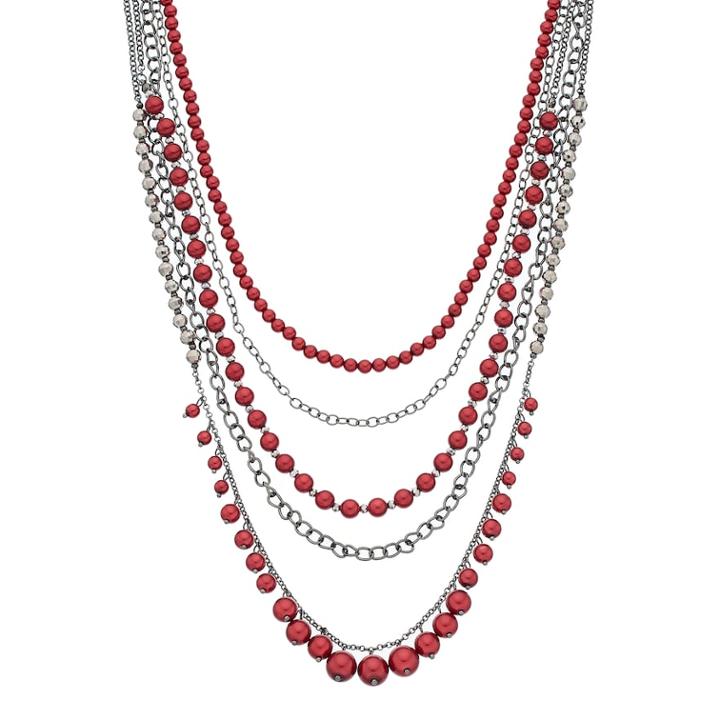 Red Simulated Pearl Layered Necklace, Women's
