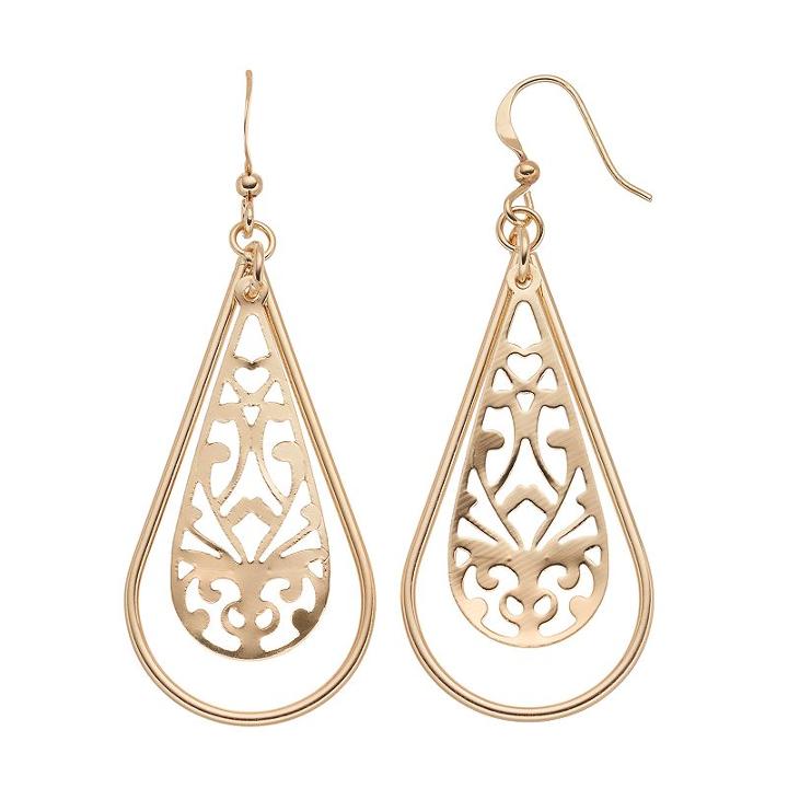 Filigree Cutout Nickel Free Teardrop Earrings, Women's, Gold