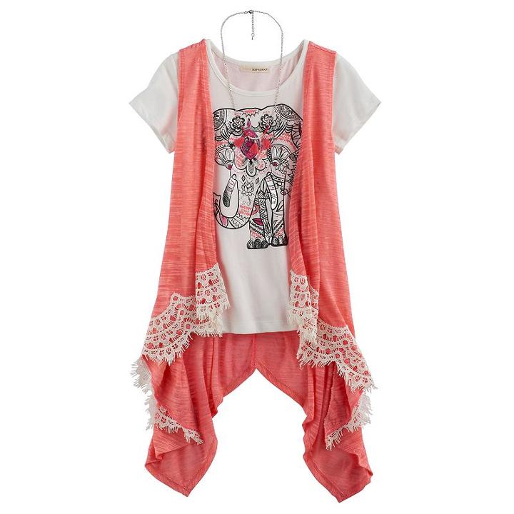 Girls 7-16 Self Esteem Lace Trim Vest & Graphic Tee Set With Necklace, Size: Medium, Dark Pink