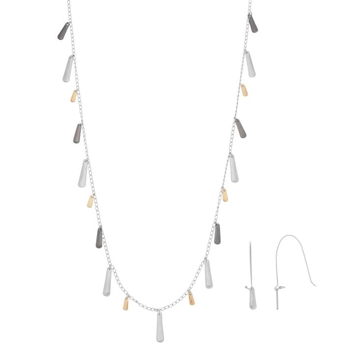 Tri Tone Bar Long Necklace & Drop Earring Set, Women's, Multicolor