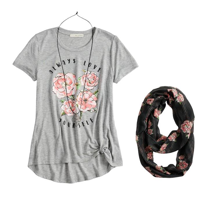 Girls 7-16 & Plus Size Self Esteem Side Knot Top Set With Scarf & Necklace, Size: Medium, Grey