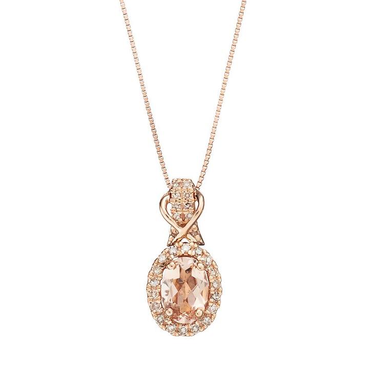 10k Rose Gold Morganite & 1/6 Carat T.w. Diamond Halo Pendant Necklace, Women's, Size: 18, Pink