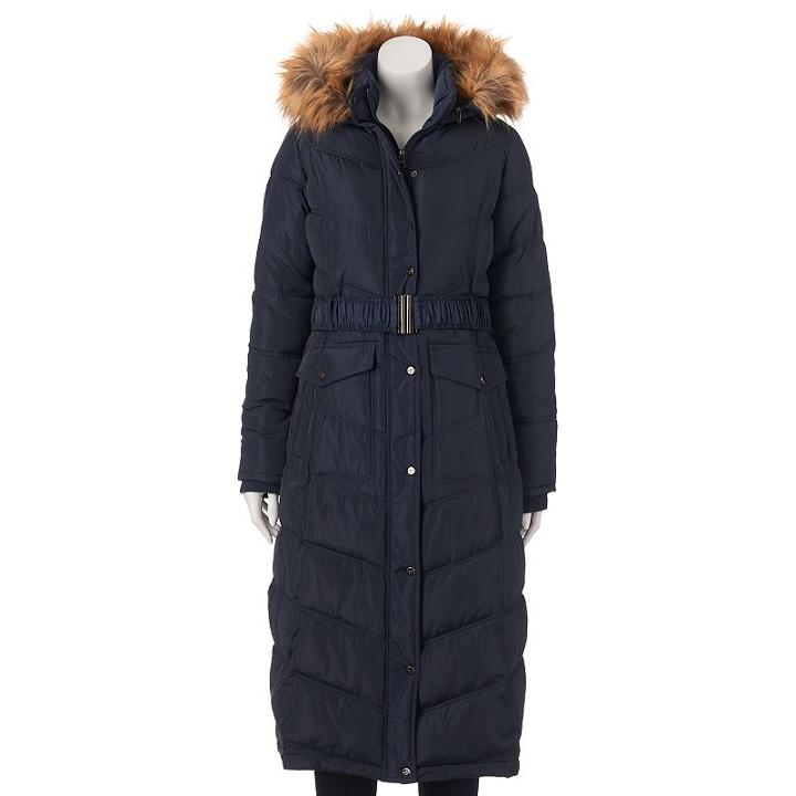 Juniors' Madden Girl Faux-fur Hooded Maxi Puffer Jacket, Size: Large, Blue (navy)
