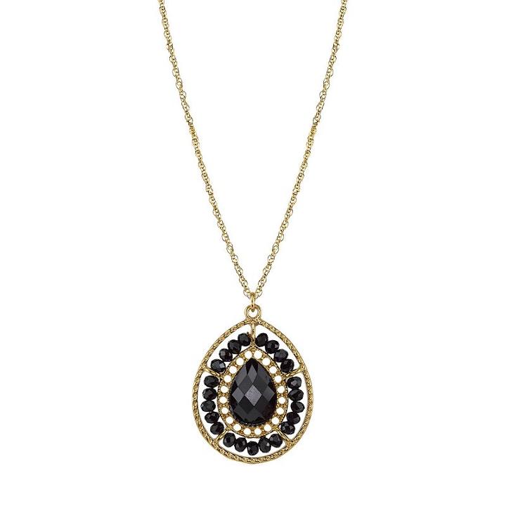 1928 Beaded Halo Faceted Teardrop Pendant Necklace, Women's, Size: 16, Black