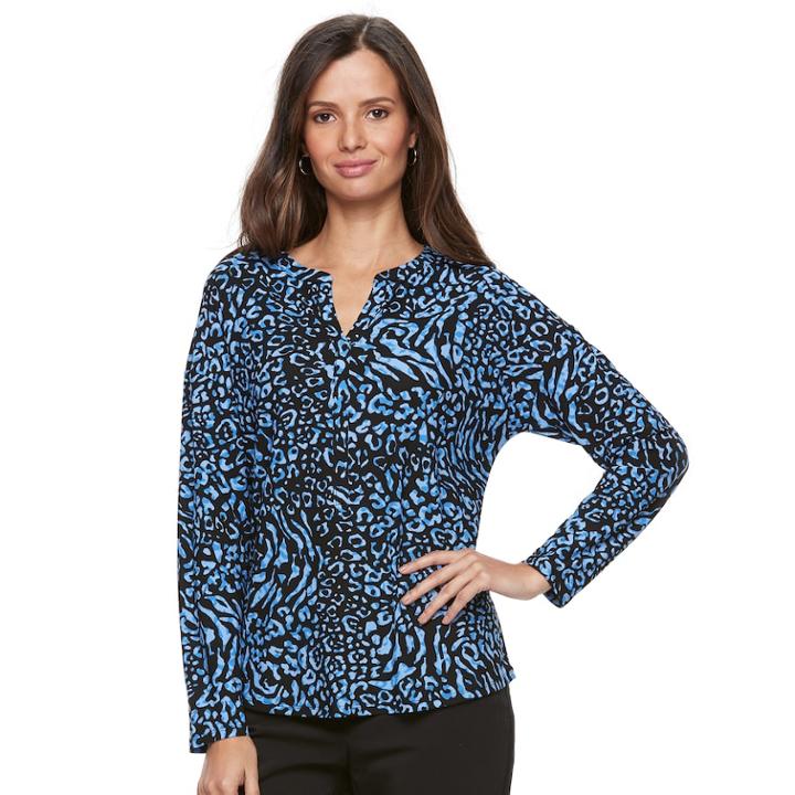Women's Dana Buchman Printed Splitneck Top, Size: Large, Dark Blue